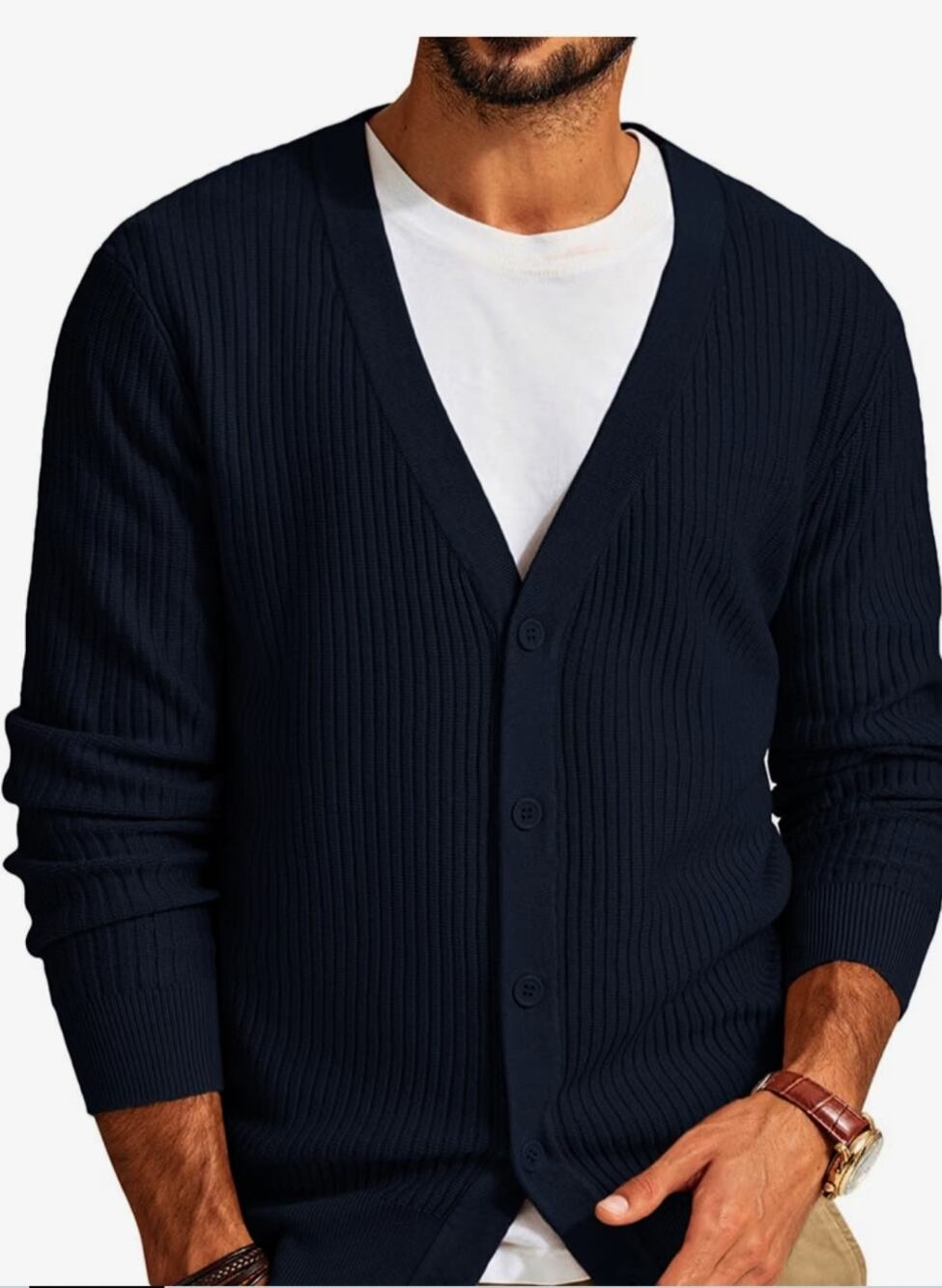 M1312) PJ Paul Jones Men Black V Neck Ribbed Cardigan Preppy Sweater 2XL